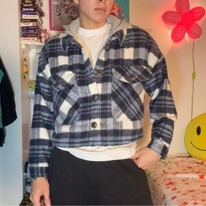 Plaid Teddy Jacket - Blue and White